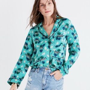 Madewell 100% Silk Zebra Print Blouse Women’s Size L Teal Pajama Style